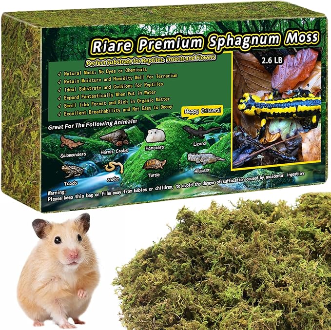 Riare 2.6LB Premium Sphagnum Moss for Reptiles- 100QT Natural Live Moss Reptile Moss Bedding for Terrarium, Hatching, Forest Sphagnum Moss Reptile Substrate for Snakes, Gecko, Turtles, Frogs, Leopard Riare