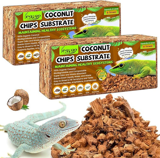 Legigo 2 Pack Coconut Chip Substrate for Reptiles, Natural Coco Husk Chip Reptiles Bedding, Compressed Coconut Chip Substrate for Snake, Tortoise, Ball Python, Gecko, Lizard Terrarium Tanks Legigo