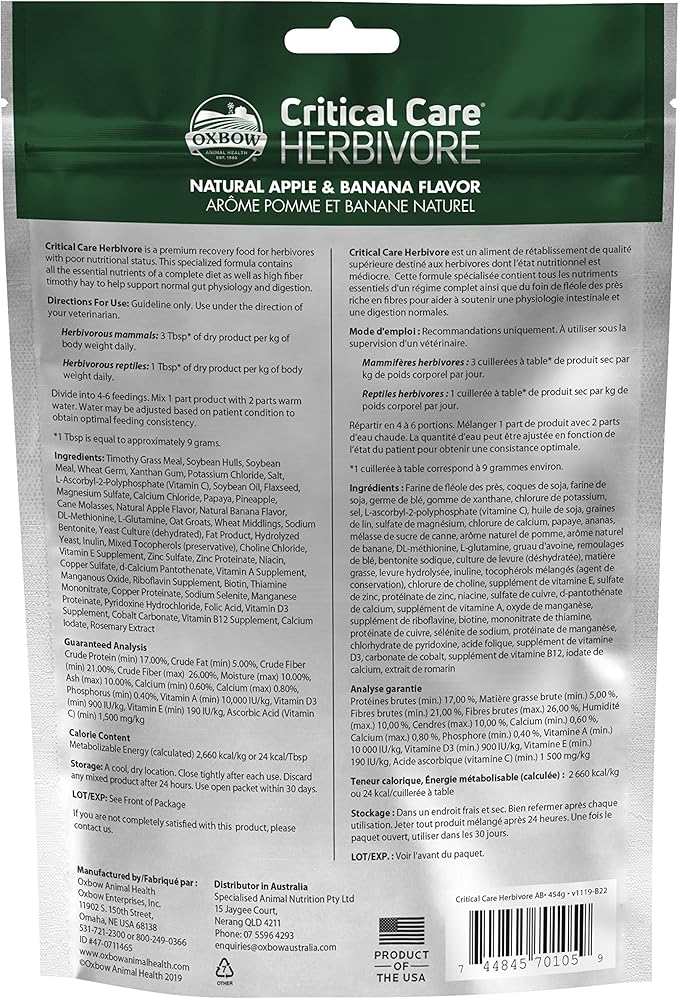 Oxbow Critical Care Herbivore - Nutritionally Complete Feeding Assist Formula for Small Animals & Pets - Critical Care Herbivore Apple-Banana (454g) OxbowAnimalHealth