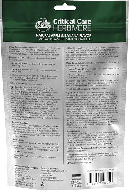 Oxbow Critical Care Herbivore - Nutritionally Complete Feeding Assist Formula for Small Animals & Pets - Critical Care Herbivore Apple-Banana (454g) OxbowAnimalHealth