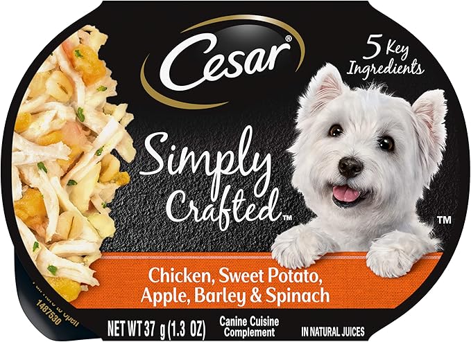 CESAR SIMPLY CRAFTED Adult Wet Dog Food Meal Topper, Chicken, Sweet Potato, Apple, Barley & Spinach, 1.3oz., Pack of 10 - PAWPICO