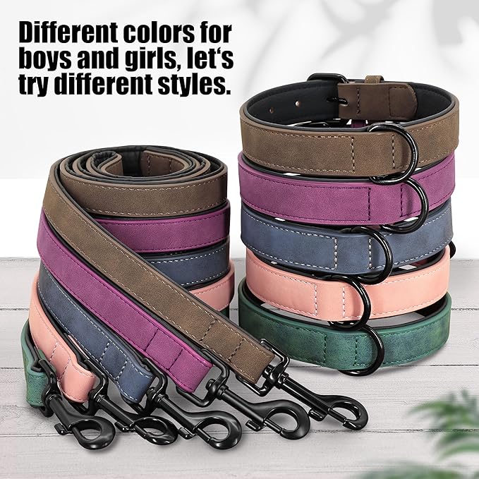 Didog Soft Padded Leather Dog Collar and Leash Set, Heavy Duty Pink Dog Leash and Collar Set with Metal Buckle, Breathable Dog Collars with 4FT Leather Dog Leash for Small Medium Large Dogs, Pink, S Didog