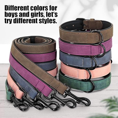 Didog Soft Padded Leather Dog Collar and Leash Set, Heavy Duty Dog Leash and Collar Set with Metal Buckle, Breathable Dog Collars with 4FT Leather Dog Leash for Small Medium Large Dogs, Purple, M Didog