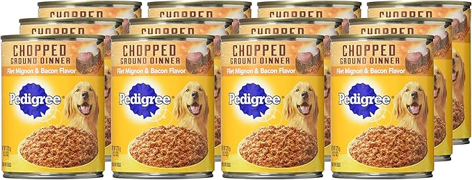 PEDIGREE CHOPPED GROUND DINNER Adult Canned Soft Wet Dog Food, Variety Pack, Filet Mignon & Bacon Flavor and Beef, Bacon & Cheese Flavor, (12) 13.2 oz. Cans - PAWPICO
