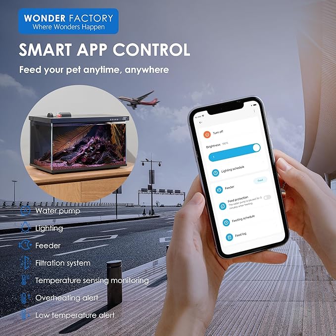 Smart Aquarium Fish Tank 5 Gallon Starter kit, Self Cleaning System Efficiency Filter 7 Color LED Lights Automatic Feeder Temperature Display Monitor HD UHA Glass Leak-Proof, Smart Control with Apps WONDERFACTORY