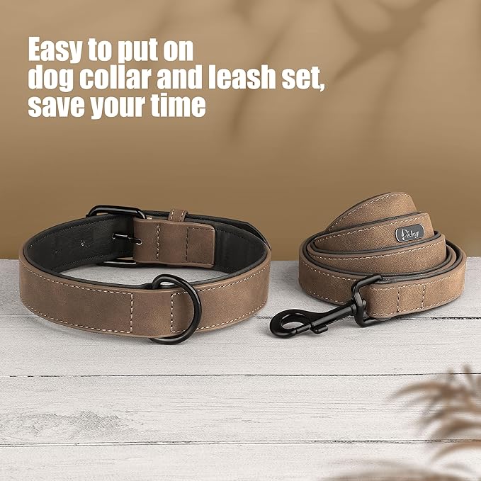 Didog Soft Padded Leather Dog Collar and Leash Set, Heavy Duty Dog Leash and Collar Set with Metal Buckle, Breathable Dog Collars with 4FT Leather Dog Leash for Small Medium Large Dogs, Brown, M Didog