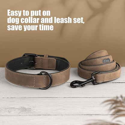 Didog Soft Padded Leather Dog Collar and Leash Set, Heavy Duty Dog Leash and Collar Set with Metal Buckle, Breathable Dog Collars with 4FT Leather Dog Leash for Small Medium Large Dogs, Brown, XL Didog