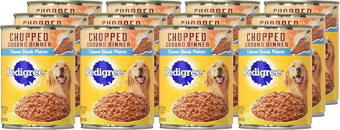 PEDIGREE CHOPPED GROUND DINNER Adult Canned Soft Wet Dog Food, T-Bone Steak Flavor, 13.2 oz. Cans (Pack of 12) - PAWPICO