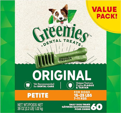 Greenies Original Petite Natural Dental Care Dog Treats, 36 oz. Pack (60 Treats) - PAWPICO