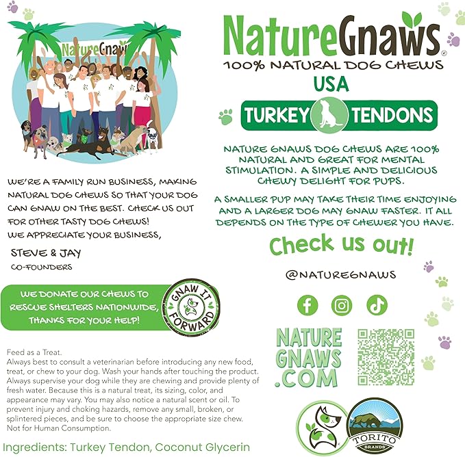 Nature Gnaws USA Turkey Tendons for Dogs (8oz) - Delicious Grain Free Reward Snack for Small, Medium & Large Breeds - Premium Natural Dog Chew Treats - PAWPICO