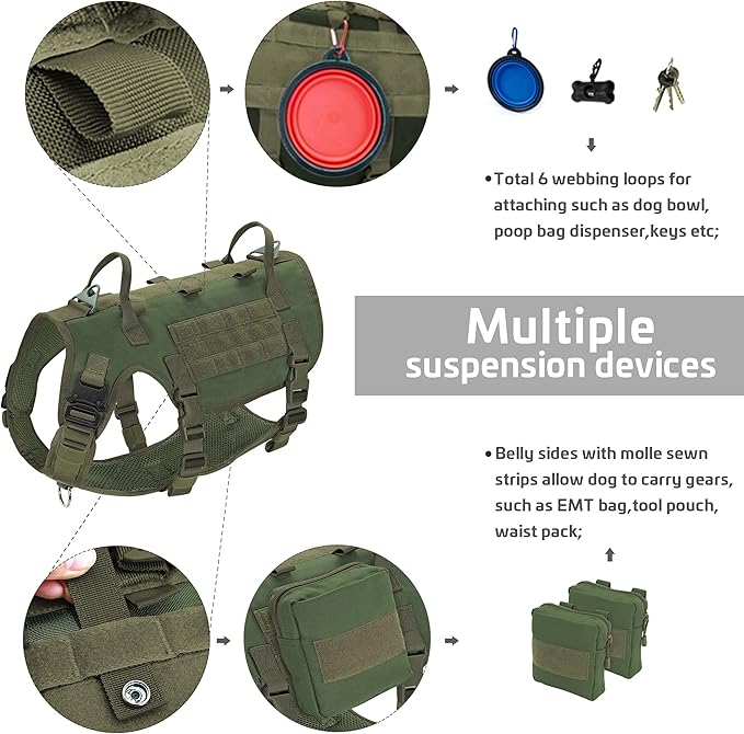 Forestpaw Tactical Dog Harness for Large Dogs,Tactical Dog Collar with Bungee Leash Set,No Pull Military Dog Harness for Dog Walking Training,Adjustable for Medium Large Dogs,Green L Forestpaw