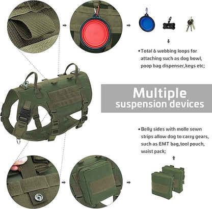 Forestpaw Tactical Dog Harness for Large Dogs,Tactical Dog Collar with Bungee Leash Set,No Pull Military Dog Harness for Dog Walking Training,Adjustable for Medium Large Dogs,Green M Forestpaw