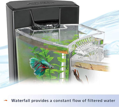 Aqueon Betta Falls 3 Section Aquarium Fish Tank With QuietFlow Power Filtration, Black Aqueon
