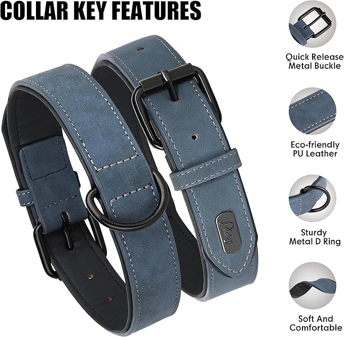 Didog Soft Padded Leather Dog Collar, Breathable Heavy Duty Dog Collar Leather with Adjustable Rust-Proof Metal Buckle for Small Medium Large Dogs, Blue, M Didog
