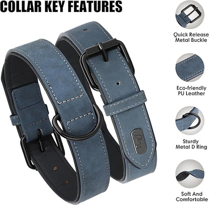 Didog Soft Padded Leather Dog Collar, Breathable Heavy Duty Dog Collar Leather with Adjustable Rust-Proof Metal Buckle for Small Medium Large Dogs, Blue, M Didog