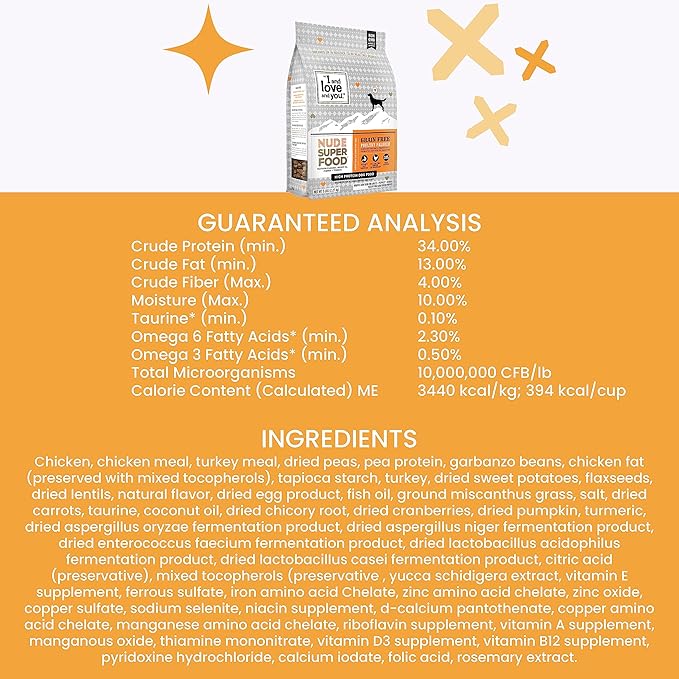 I and love and you Nude Super Food Dry Dog Food - Turkey + Chicken - Prebiotic + Probiotic, Grain Free, Real Meat, No Fillers, 23lb Bag - PAWPICO