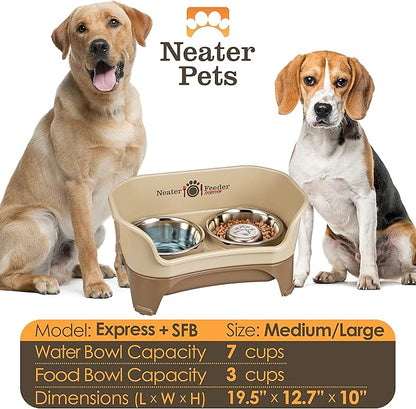 Neater Feeder - Express Model w/Slow Feed Bowl - Mess-Proof Dog Bowls (M/L, Cappuccino) Made in USA –Elevated, No Spill, Non-Tip, Non-Slip, Raised Stainless Steel Food/Water Pet Bowls Aid Digestion - PAWPICO