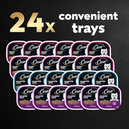 CESAR Adult Soft Wet Dog Food Filets in Gravy Variety Pack, Filet Mignon, New York Strip and Prime Rib Flavors, (24) 3.5 oz. Trays - PAWPICO