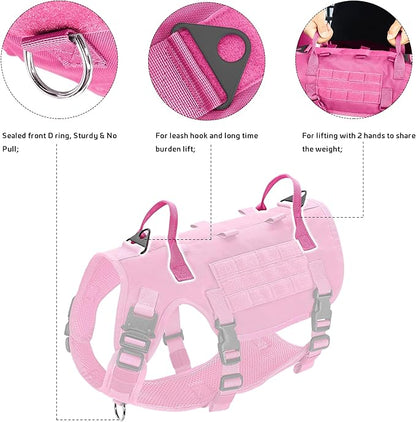 Forestpaw Pink Tactical Dog Harness for Large Dogs,Tactical Dog Collar with Bungee Leash Set,No Pull Military Dog Harness for Dog Walking Training,Adjustable for Medium Large Dogs,L Forestpaw