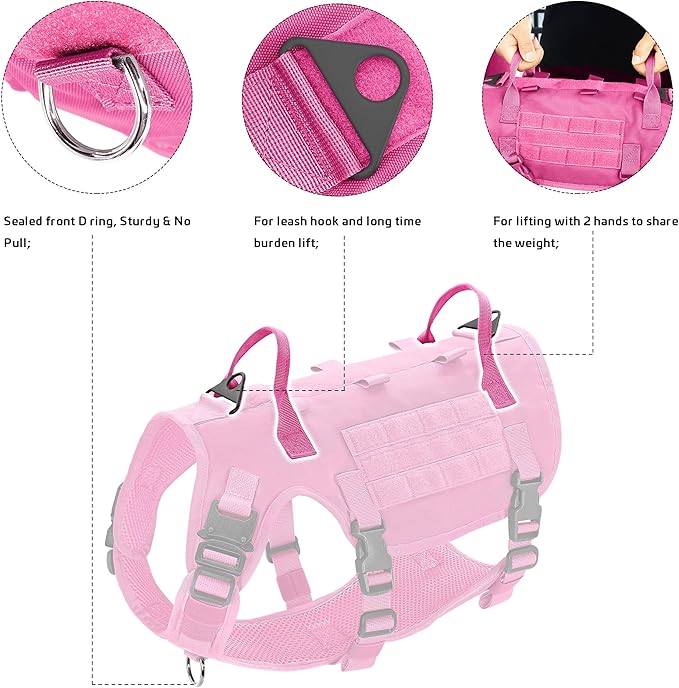 Forestpaw Pink Tactical Dog Harness for Large Dogs,Tactical Dog Collar with Bungee Leash Set,No Pull Military Dog Harness for Dog Walking Training,Adjustable for Medium Large Dogs,M Forestpaw