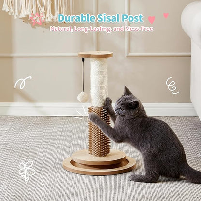 Made4Pets Cat Scratching Post 18" Tall for Small Kittens, 4-in-1 Cat Scratcher with Natural Sisal Ropes, Wooden Turntable Track Toy with Self Grooming Brush, Premium Scratch Pole with Plush Balls - PAWPICO