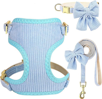 Didog Cute Small Dog Collar Harness & Leash Set, Adjustable Dog Collars and Leashes with Bowtie, Breathable Soft Mesh Padded Dog Vest for Puppies Small Dogs Walking,Blue, S Didog