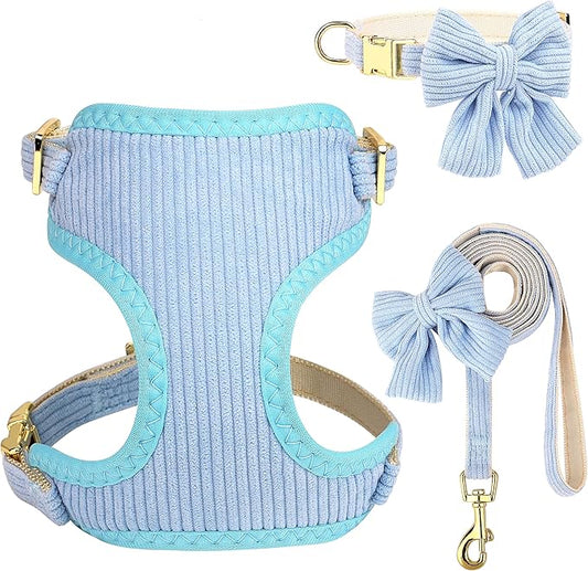 Didog Cute Small Dog Collar Harness & Leash Set, Adjustable Dog Collars and Leashes with Bowtie, Breathable Soft Mesh Padded Dog Vest for Puppies Small Dogs Walking,Blue, S Didog