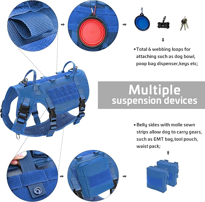 Forestpaw Tactical Dog Harness for Large Dogs,Tactical Dog Collar with Bungee Leash Set,No Pull Military Dog Harness for Dog Walking Training,Adjustable for Medium Large Dogs,Blue M Forestpaw