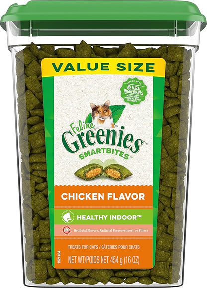 FELINE GREENIES SMARTBITES HEALTHY INDOOR Natural Treats for Cats, Chicken Flavor, 16 oz. Tub GREENIES