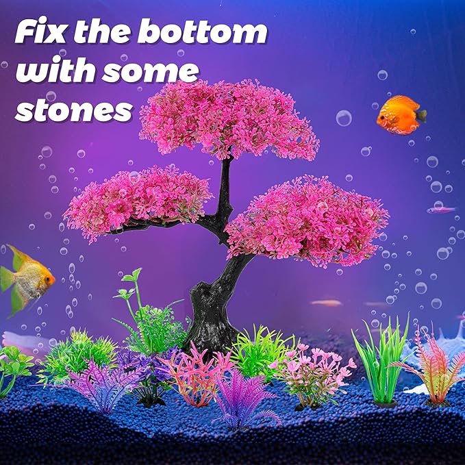 Ameliade Aquarium Artificial Plastic Plants Decoration, Pink Cherry Blossom Tree Aquarium Decor Set, Goldfish Betta Fish Tank Decorations Hides Accessories（Pink Ameliade