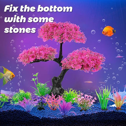Ameliade Aquarium Artificial Plastic Plants Decoration, Pink Cherry Blossom Tree Aquarium Decor Set, Goldfish Betta Fish Tank Decorations Hides Accessories（Pink Ameliade