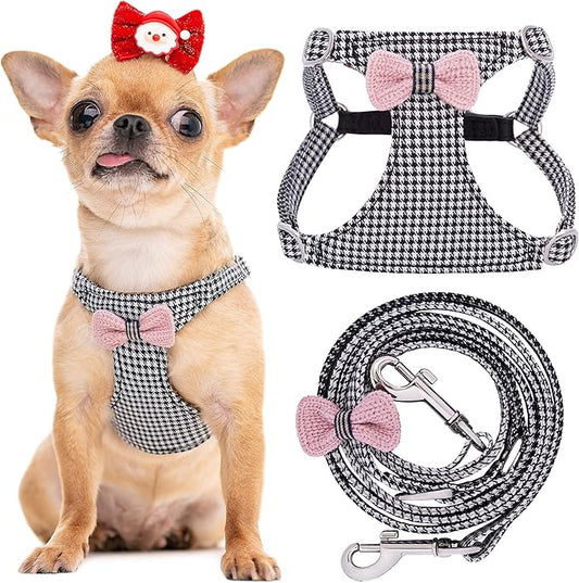 No Pull xs Dog Harness with Multifunction Dog Leash,Soft Adjustable No Choke Escape Proof Pet Harness Vest,Knitted Black-White,XXS Puppytie