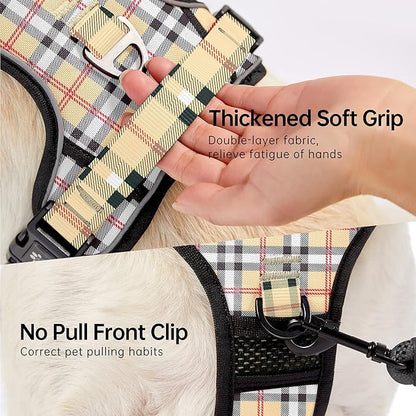 NESTROAD No Pull Dog Harness with Leash, Reflective No Choke Pet Vest Harness,Adjustable Soft Padded Dog Harness with Easy Control Handle for Small Dogs(Checkered Beige,Small) NESTROAD