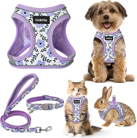 GAMUDA Small Dog Harness Collar and Leash Set, Step in No Chock No Pull Soft Mesh Adjustable Dog Vest Harnesses Plaid Reflective for Dogs Puppy Cats Kitten Rabbit (Purple Flower, M) GAMUDACollarsCollection