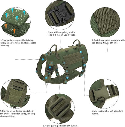Forestpaw Tactical Dog Harness for Large Dogs,Tactical Dog Collar with Bungee Leash Set,No Pull Military Dog Harness for Dog Walking Training,Adjustable for Medium Large Dogs,Green M Forestpaw