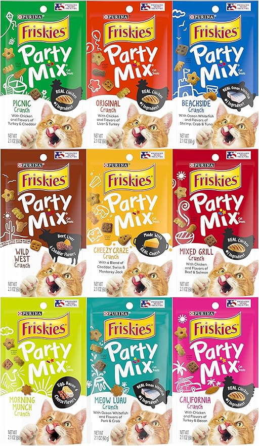Friskies Party Mix Crunch Variety Pack (9 Flavors) - Wild West, Morning Munch, Mixed Grill, Picnic, Beachside, Cheezy Craze, Original, California Dreamin', and Meow Luau Friskies
