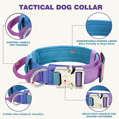 Tactical Dog Collar and Bungee Leash,Military Dog Collar & Leash Set with USA American Flag Adjustable K9 Collar with Heavy Duty Metal Buckle & Handle,with Patches and Airtags Case (Gradient, XL) Celifelight
