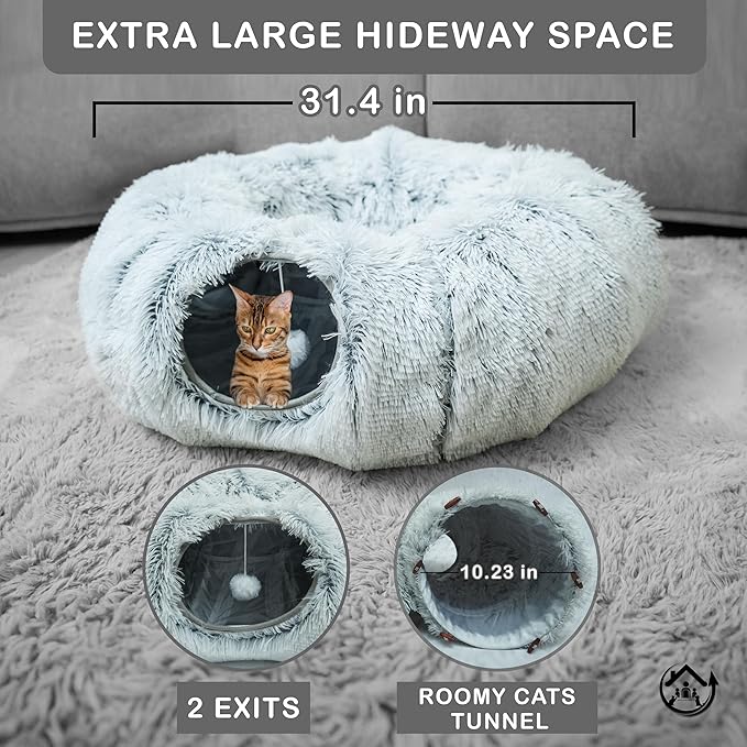 Large Cat Tunnel Bed for Indoor Cats Warm Fluffy Plush Cat Cave Tunnel Bed Collapsible, Washable, 3 Way and Multifunctional with Dangling Balls for Cats, Kittens and Rabbits- Gray - PAWPICO