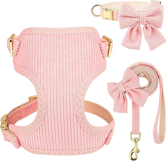 Didog Cute Small Dog Collar Harness & Leash Set, Adjustable Dog Collars and Leashes with Bowtie, Breathable Soft Mesh Padded Dog Vest for Puppies Small Dogs Walking,Pink, S Didog