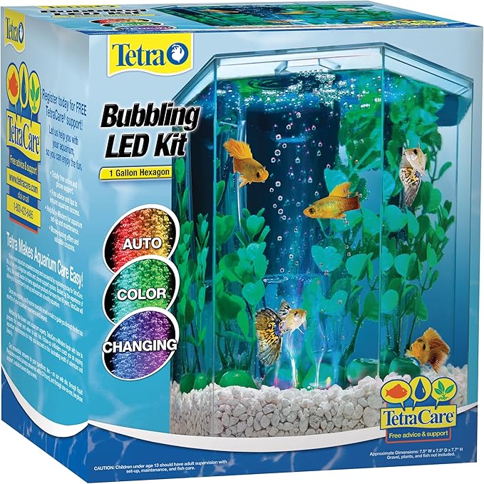 Tetra Bubbling LED Aquarium Kit 1 Gallon, Hexagon Shape, With Color-Changing Light Disc Tetra