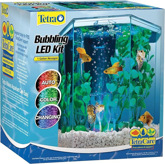 Tetra Bubbling LED Aquarium Kit 1 Gallon, Hexagon Shape, With Color-Changing Light Disc Tetra