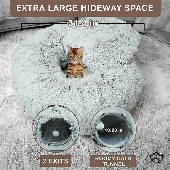 Large Cat Tunnel Bed for Indoor Cats Warm Fluffy Plush Cat Cave Tunnel Bed Collapsible, Washable, 3 Way and Multifunctional with Dangling Balls for Cats, Kittens and Rabbits- Brown - PAWPICO