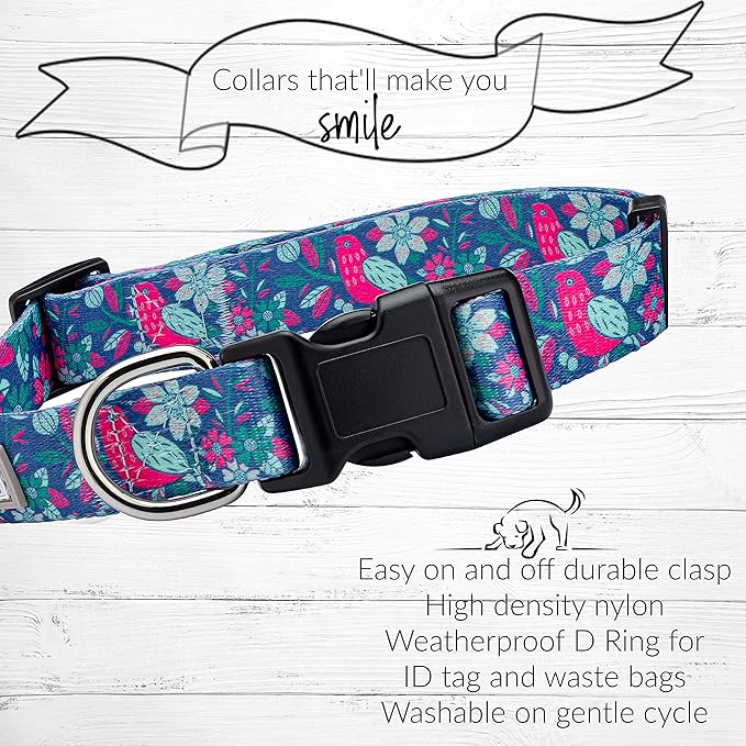 Lucky Love Dog, Whimsical Bird Dog Collar, Vivid Pink, Mint, Blue Flowers X-Small Dog Collar, Adjustable Collars for Female Male Dogs - (XS, Carriebelle Collar) LuckyLoveDog