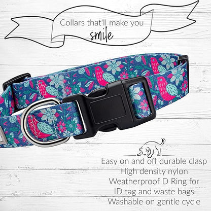 Lucky Love Dog, Whimsical Bird Dog Collar, Vivid Pink, Mint, Blue Flowers Medium Dog Collar, Adjustable Collars for Female Male Dogs - (M, Carriebelle Collar) LuckyLoveDog