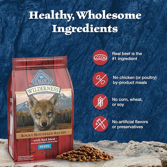 Blue Buffalo Wilderness High-Protein Rocky Mountain Recipe Dry Food for Puppies, Red Meat & Grains, 4.5-lb. Bag - PAWPICO