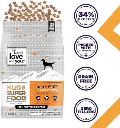 I and love and you Nude Super Food Dry Dog Food - Turkey + Chicken - Prebiotic + Probiotic, Grain Free, Real Meat, No Fillers, 23lb Bag - PAWPICO