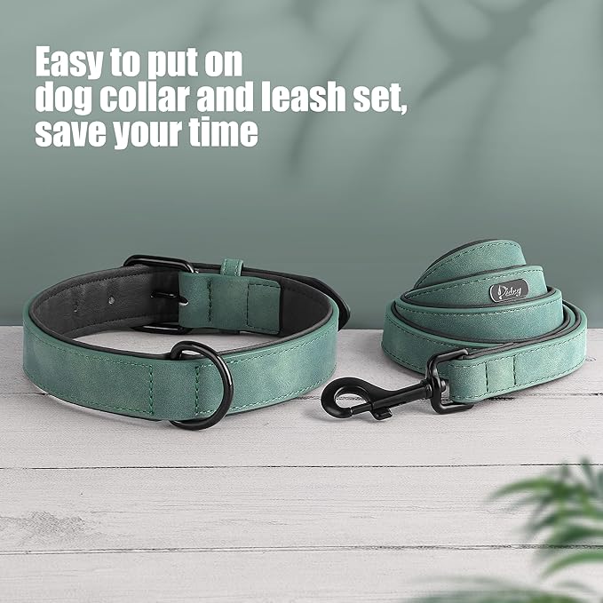 Didog Soft Padded Leather Dog Collar and Leash Set, Heavy Duty Dog Leash and Collar Set with Metal Buckle, Breathable Dog Collars with 4FT Leather Dog Leash for Small Medium Large Dogs, Green, L Didog