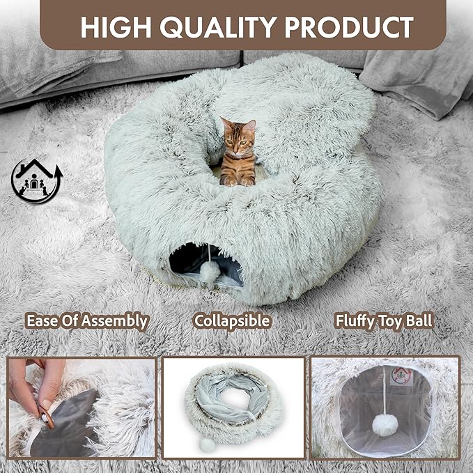 Large Cat Tunnel Bed for Indoor Cats Warm Fluffy Plush Cat Cave Tunnel Bed Collapsible, Washable, 3 Way and Multifunctional with Dangling Balls for Cats, Kittens and Rabbits- Brown - PAWPICO