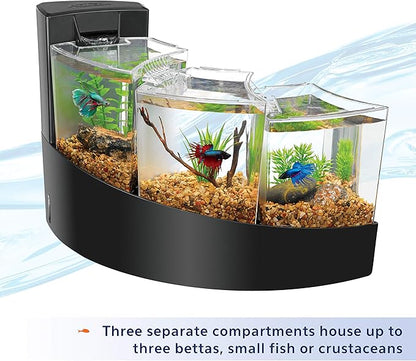 Aqueon Betta Falls 3 Section Aquarium Fish Tank With QuietFlow Power Filtration, Black Aqueon