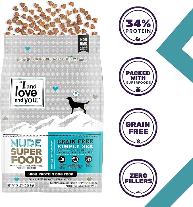 I and love and you Nude Super Food Dry Dog Food - Salmon + Whitefish - Prebiotic + Probiotic, Grain Free, Real Meat, No Fillers, 5lb Bag - PAWPICO